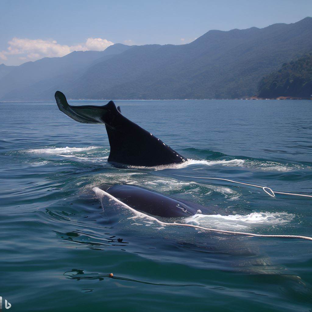 Baleia-jubarte é libertada de rede de pesca em Ilhabela