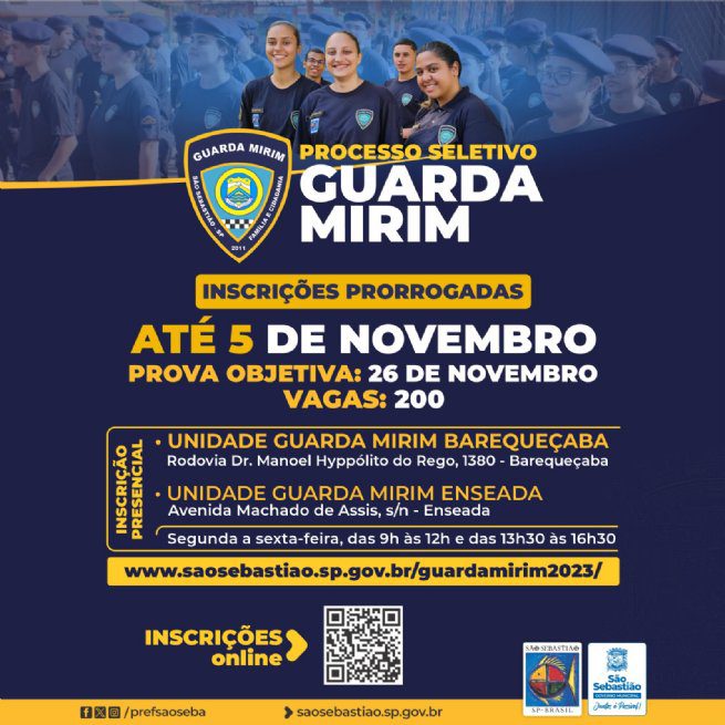 As inscrições do processo seletivo 2023 para o preenchimento de 200 vagas na Guarda Mirim de São Sebastião foram prorrogadas para até as 23h59 de domingo (5/11), de forma on-line. Saiba Mais..