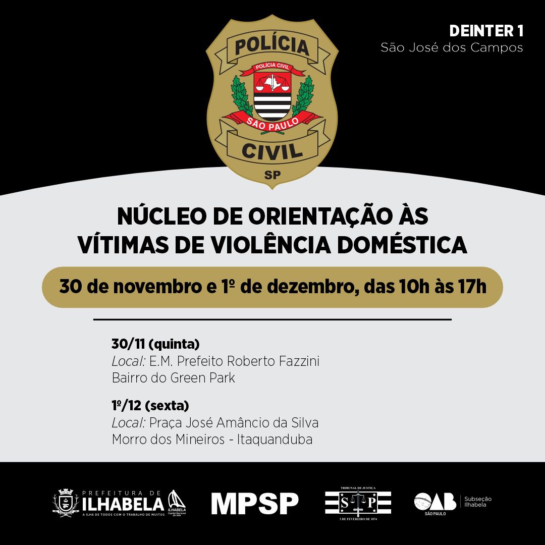 Ilhabela recebe novamente o Núcleo de Orientação às Vítimas de Violência Doméstica, promovido pelo Governo Estadual em parceria com a Prefeitura, Polícia Civil, OAB, Ministério Público e Poder Judiciário. O programa oferece atendimento especializado e humanizado às mulheres vítimas de violência doméstica.
