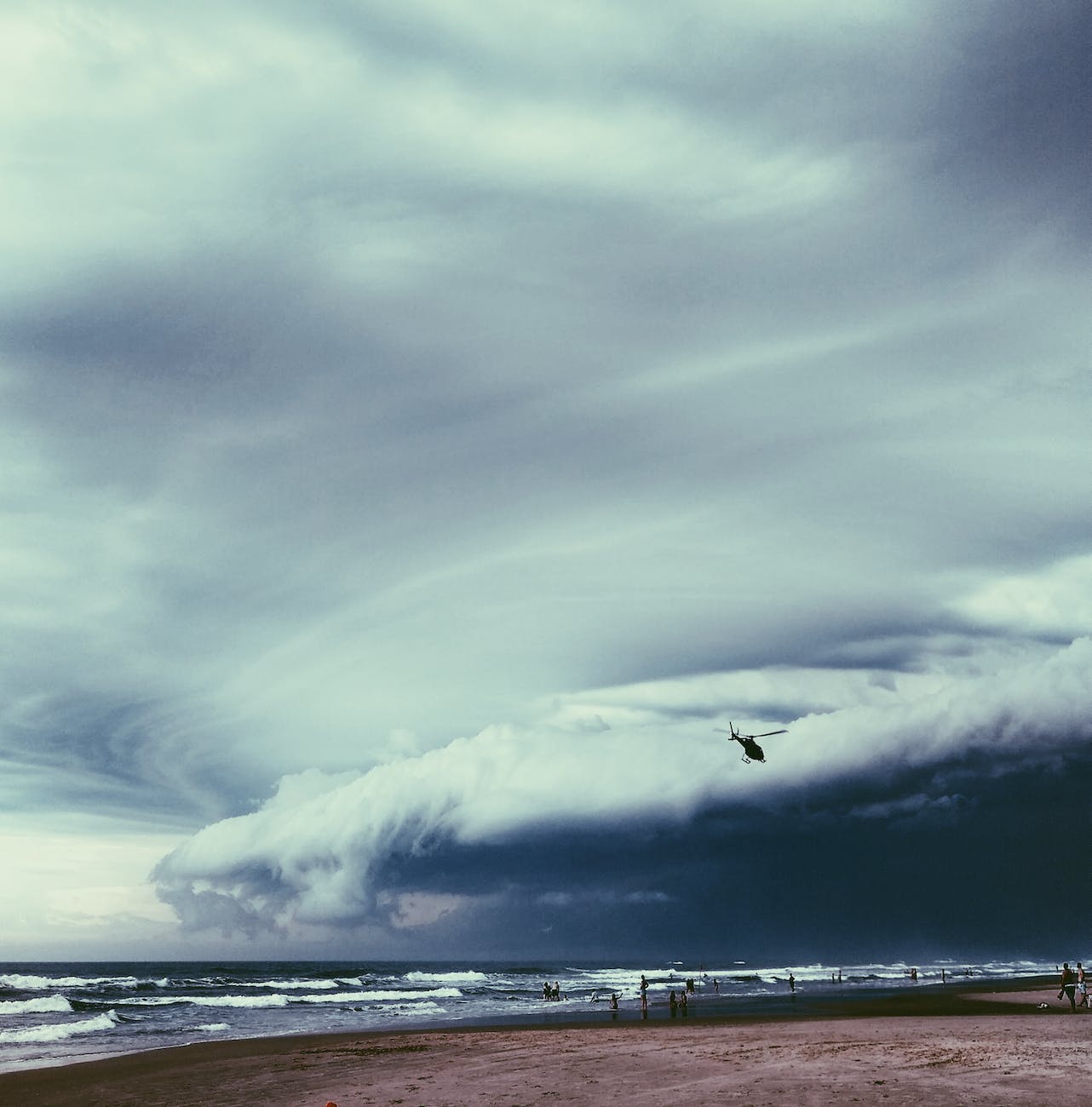 a storm cloud over the beach with a bird flying