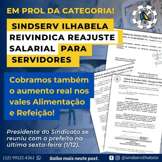 Sindserv Ilhabela, Carlos José de Oliveira, foi recebido pelo Prefeito para iniciar o diálogo referente ao reajuste salarial dos servidores. Na ocasião, foi protocolado o Ofício nº 136/2023, onde destaca que a proposta do Governo Federal é reajustar o salário mínimo em 7,6% e que os servidores públicos de Ilhabela não podem ter reajuste inferior e nem perder os abonos que já constam na folha de pagamento.