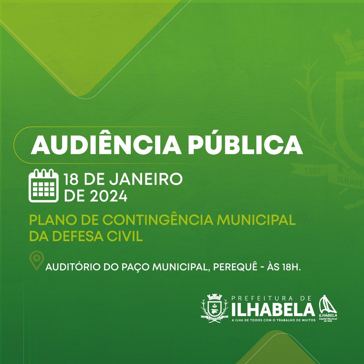 O Plano Municipal de Contingência será apresentado em Audiência Pública nesta quinta-feira (18), às 18h, no Auditório do Paço Municipal.