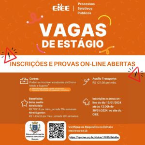Segue aberto o processo seletivo on-line do cadastro reserva para estagiários para alunos matriculados nos ensinos de nível médio e superior da Câmara de Ilhabela, em parceria com o CIEE As inscrições e provas on-line serão realizadas gratuitamente, no período de 15/01/2024 a 30/01/2024, somente via internet pelo site www.ciee.org.br.