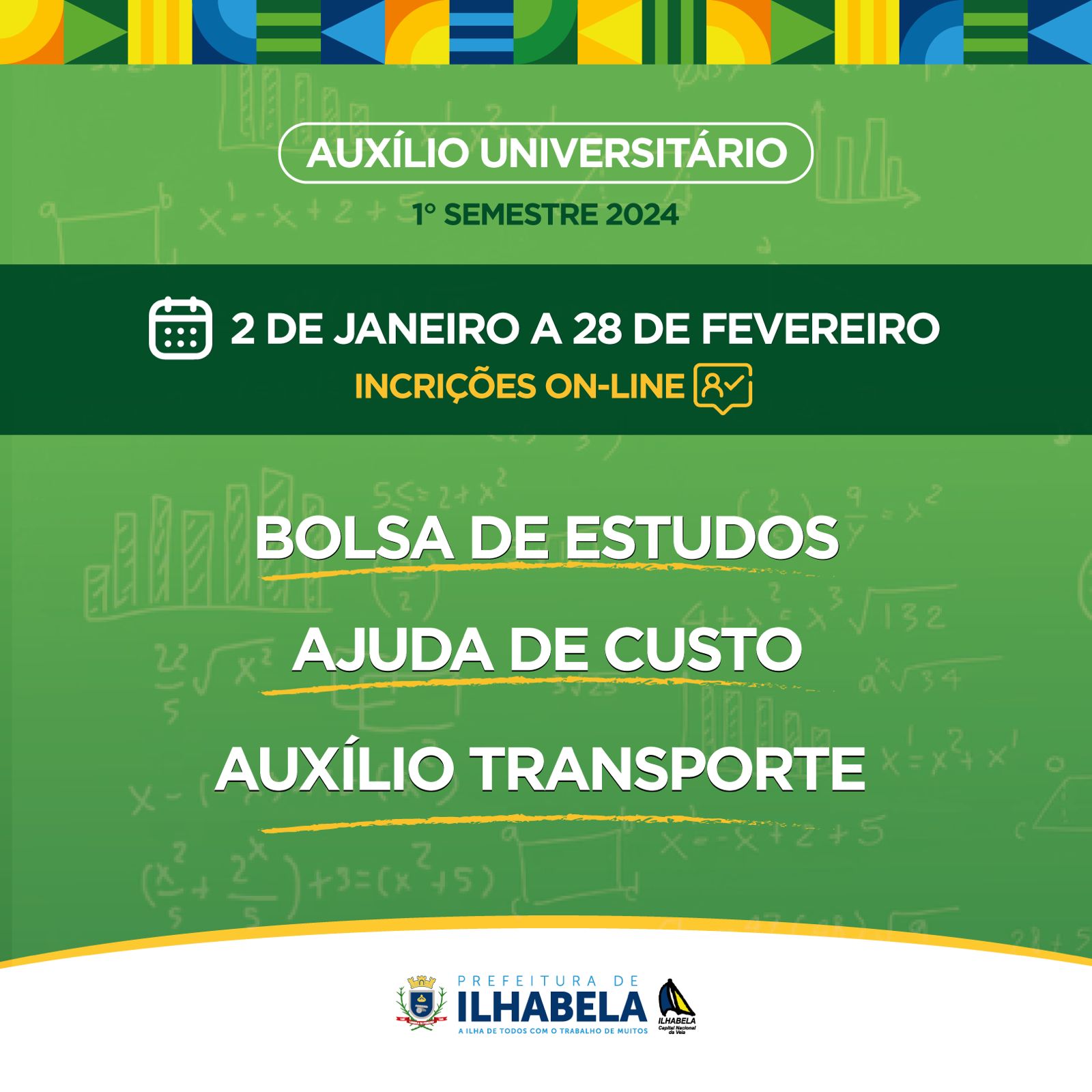 As inscrições para novos pedidos do Programa Bolsa de Estudos, Auxílio Transporte Universitário e Ajuda de Custo seguem abertas até o dia 28 de fevereiro em Ilhabela. O período para renovação dos auxílios segue até o dia 20 de janeiro.