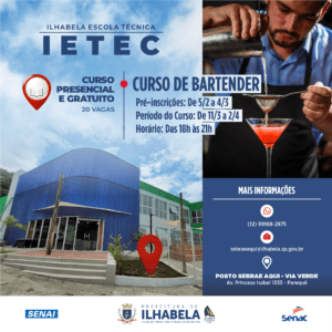 Com o objetivo de capacitar o aluno a preparar e servir bebidas e coquetéis, o curso será realizado de forma presencial, com aulas teóricas e práticas, na sede da IETEC, no período de 11 de março a 2 de abril, das 18h às 21h.