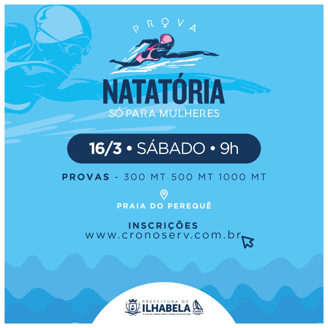 A Prova Natatória Só Para Mulheres, inicialmente marcada para o domingo (17), foi remarcada para o sábado (16). O horário e local da prova permanecem os mesmos, às 9h, na Praia do Perequê.