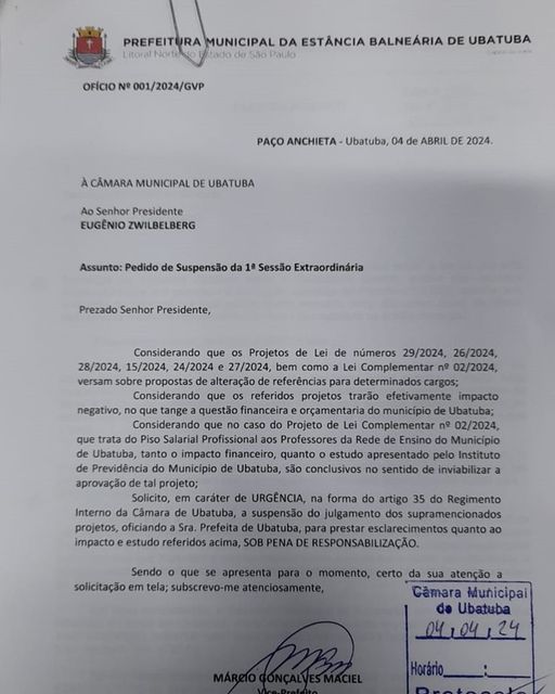 Vice-prefeito Marcio pede adiamento da votação do projeto de lei para correção salarial dos professores da rede municipal
