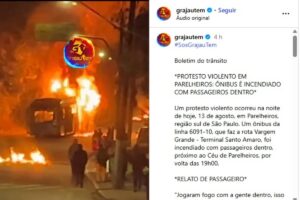 Ônibus é atacado e incendiado com passageiros em São Paulo