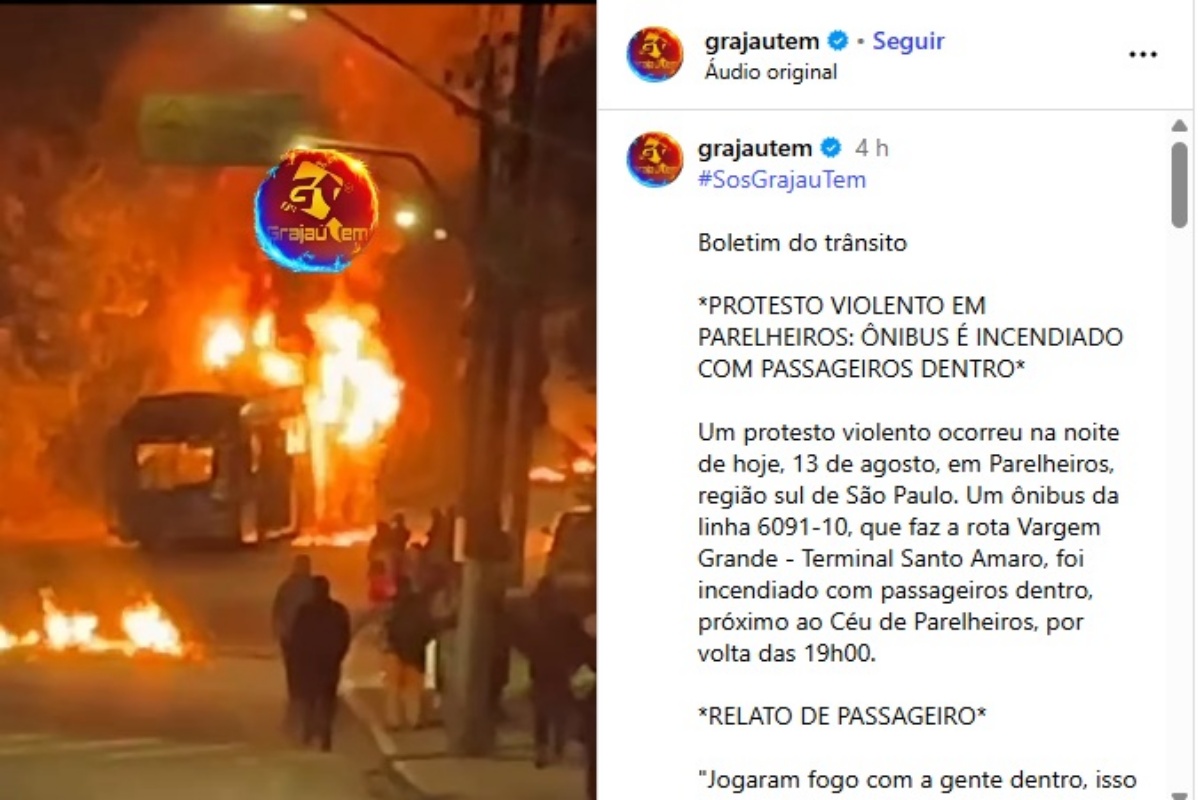 Em sua conta no Instagram, a Rádio Grajaú Tem informou que um ônibus da linha Vargem Grande – Terminal Santo Amaro, operado pela Viação Grajaú, foi incend