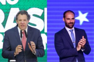 O ministro da Fazenda, Fernando Haddad (PT), e o deputado federal Eduardo Bolsonaro (PL) aparecem como favoritos para conquistar as duas cadeiras de São Paulo n
