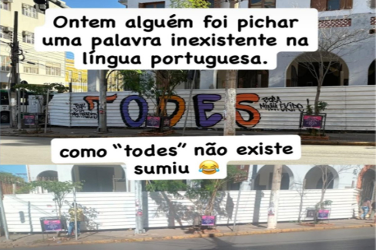 O prefeito de Cuiabá, Abilio Brunini (PL), comemorou o “sumiço” da pichação da palavra “todes” em tapume metálico em frente à Praça Alen