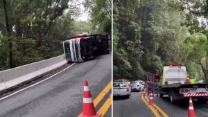 Caminhão tomba em rodovia de acesso ao litoral de SP e causa lentidão em trecho de serra