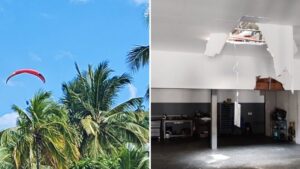Piloto de paraglider cai sobre telhado de comércio no litoral de SP