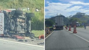 Caminhão de concessionária tomba após acidente na Dutra, em Lavrinhas