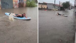 VÍDEO: Homem 'surfa' durante alagamento após temporal em Jacareí, no interior de SP