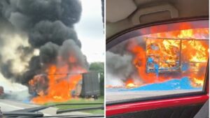 Incêndio em caminhão destrói carga de garrafas pet, na Via Dutra, em Cachoeira Paulista