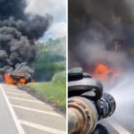 Carreta carregada com bobinas pega fogo e interdita via Dutra, em Cachoeira Paulista; VÍDEO