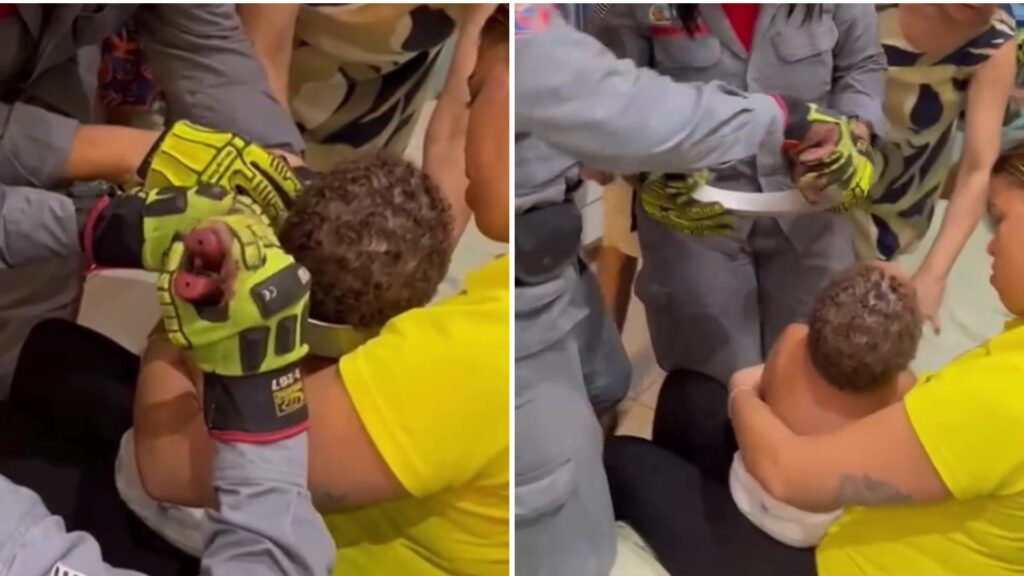 Criança se solta após bombeiros cortarem forma de bolo preso no pescoço