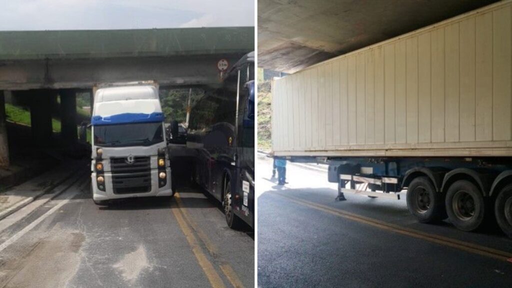 Carreta entala em viaduto e bloqueia alça de acesso na rodovia dos Imigrantes