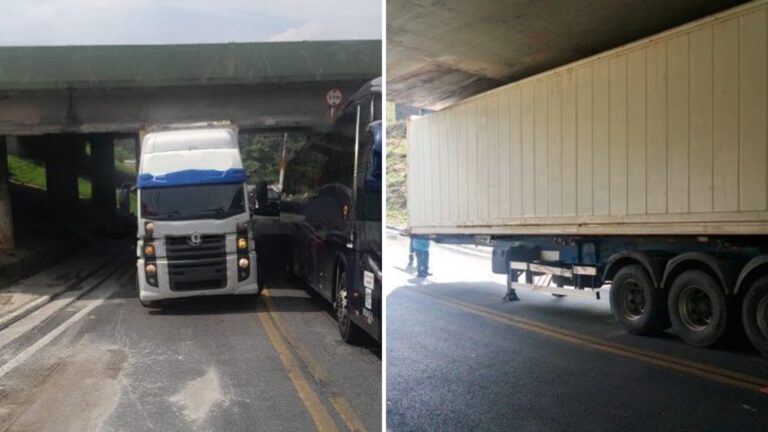 Carreta entala em viaduto e bloqueia alça de acesso na rodovia dos Imigrantes