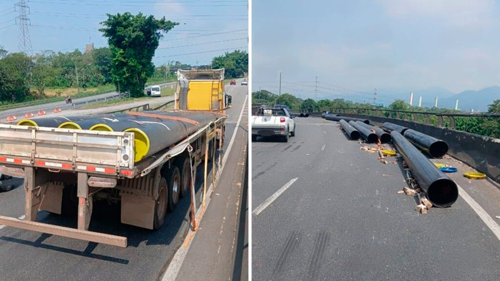 Faixa de rodovia da Baixada Santista bloqueada por carga perdida