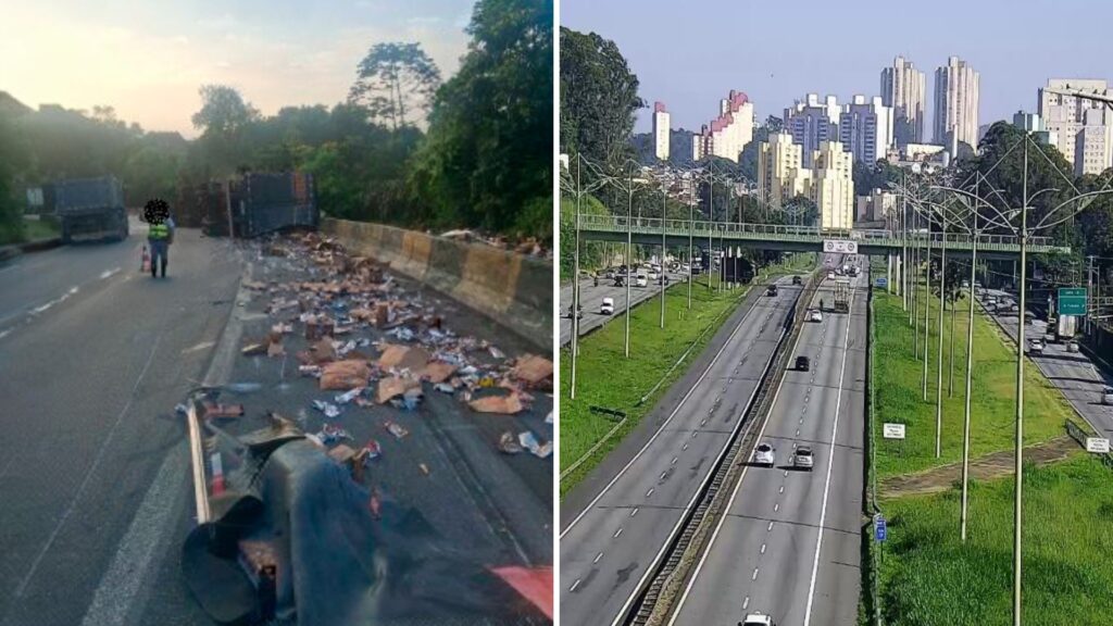 Carreta tombada bloqueia rodovia em Santos, deixando motoristas enfurecidos