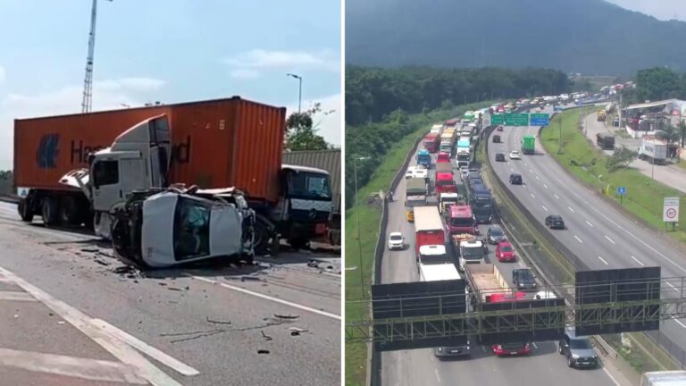 Tombamento de carro paralisa tráfego em Cubatão por 8km