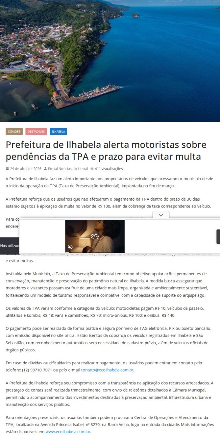 Ilhabela alerta motoristas sobre pendências da TPA e prazo