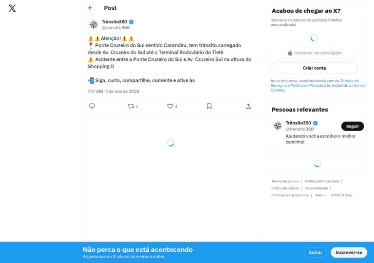 Acidente causa trânsito carregado na Ponte Cruzeiro do Sul
