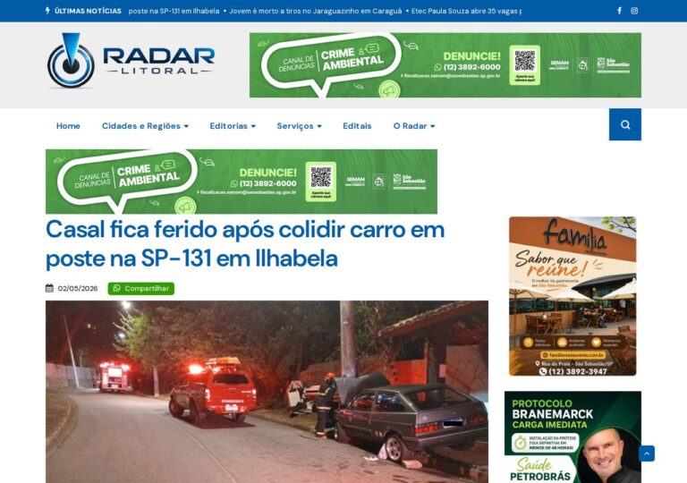 Casal fica ferido após colidir carro em poste