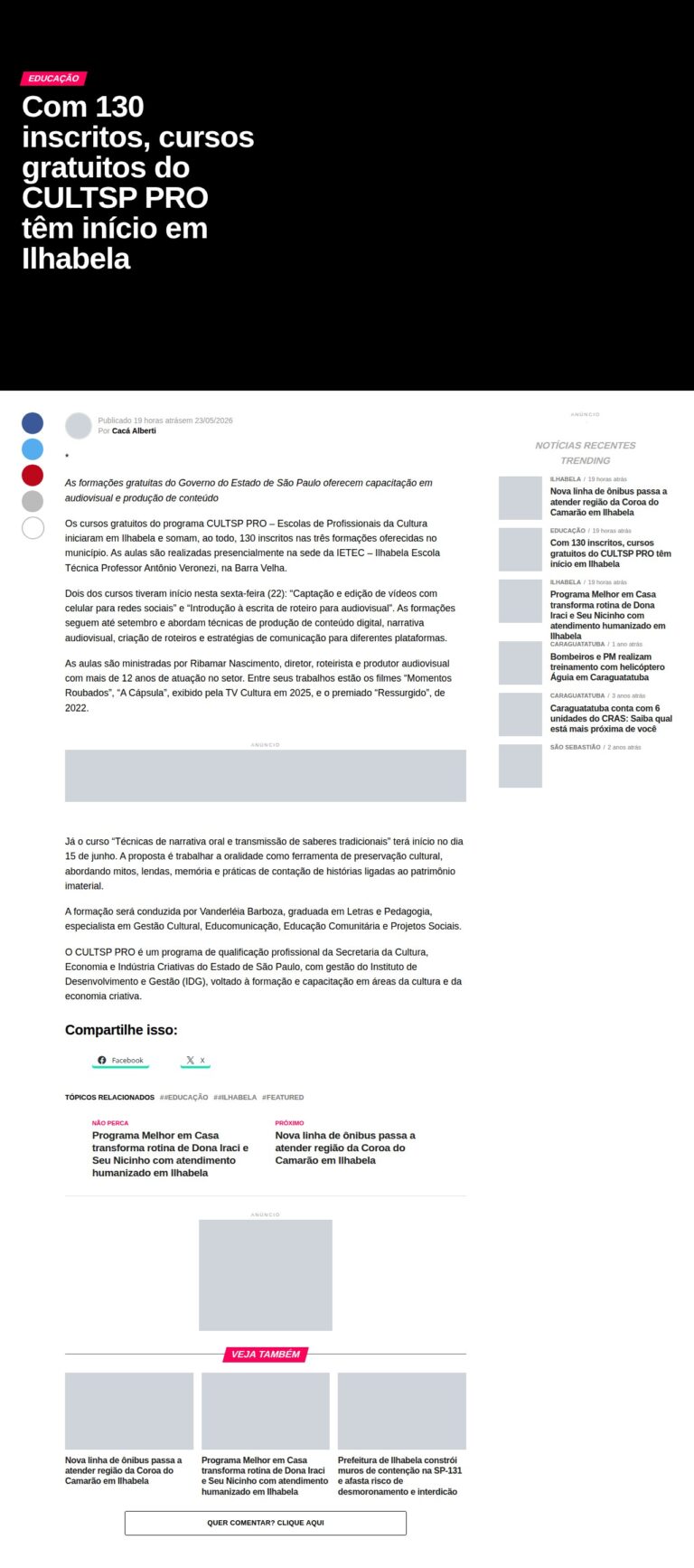 CULTSP PRO inicia cursos gratuitos em Ilhabela