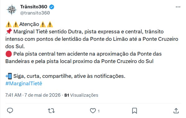 Acidente na Marginal Tietê provoca congestionamento
