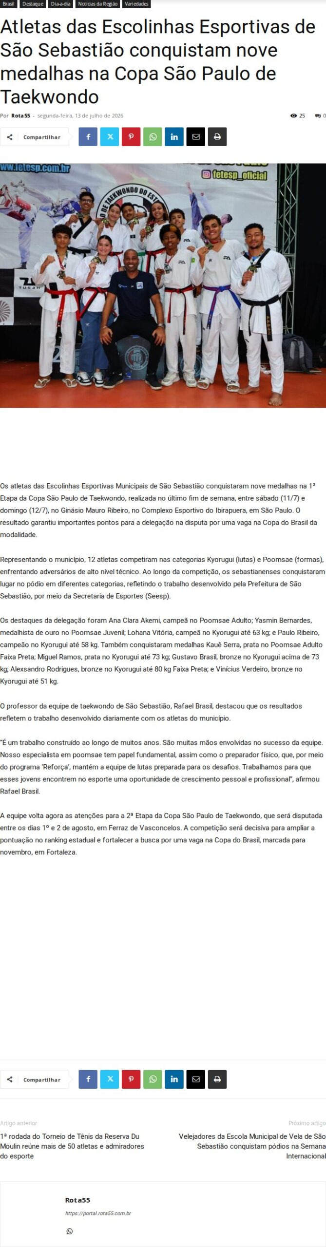 São Sebastião conquista nove medalhas na Copa