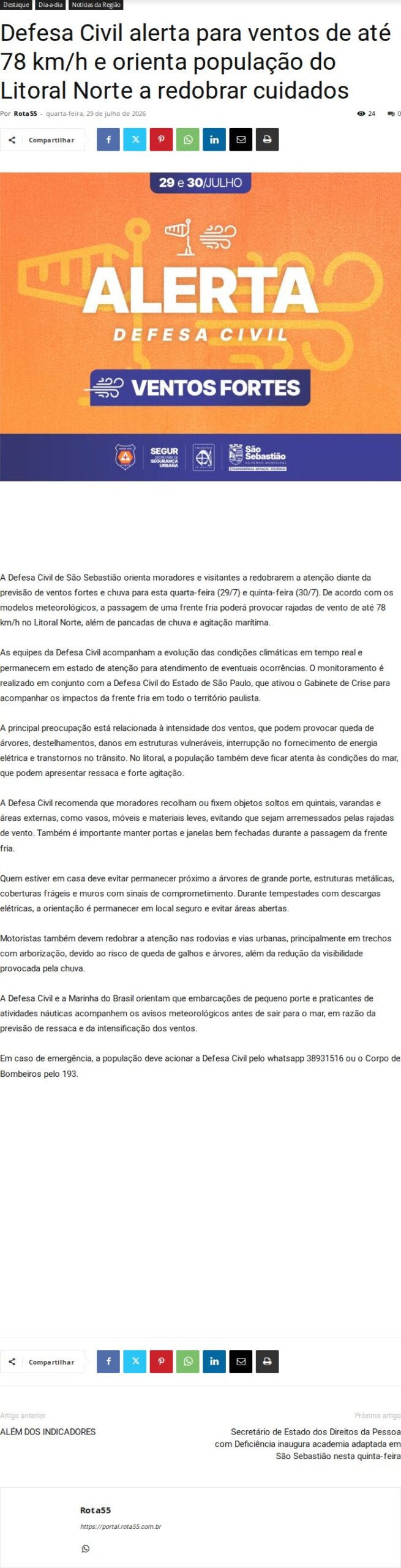 Defesa Civil alerta vento de 78 km/h no Litoral