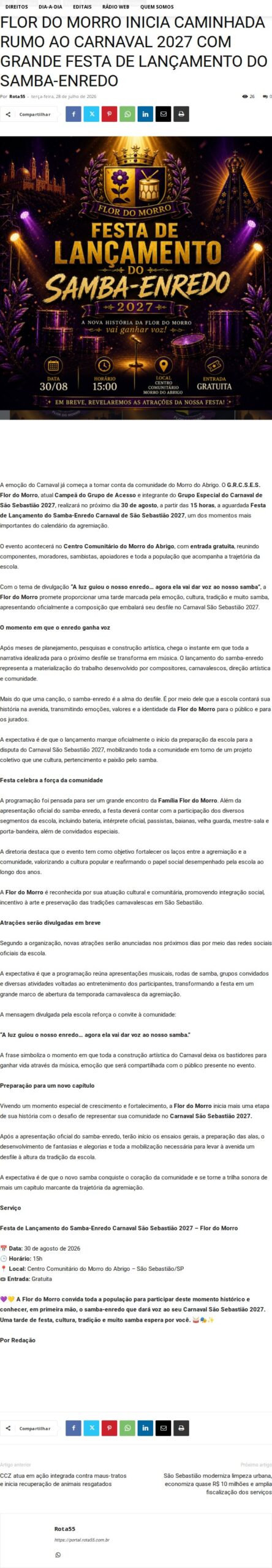 Flor do Morro lança samba-enredo para Carnaval 2027