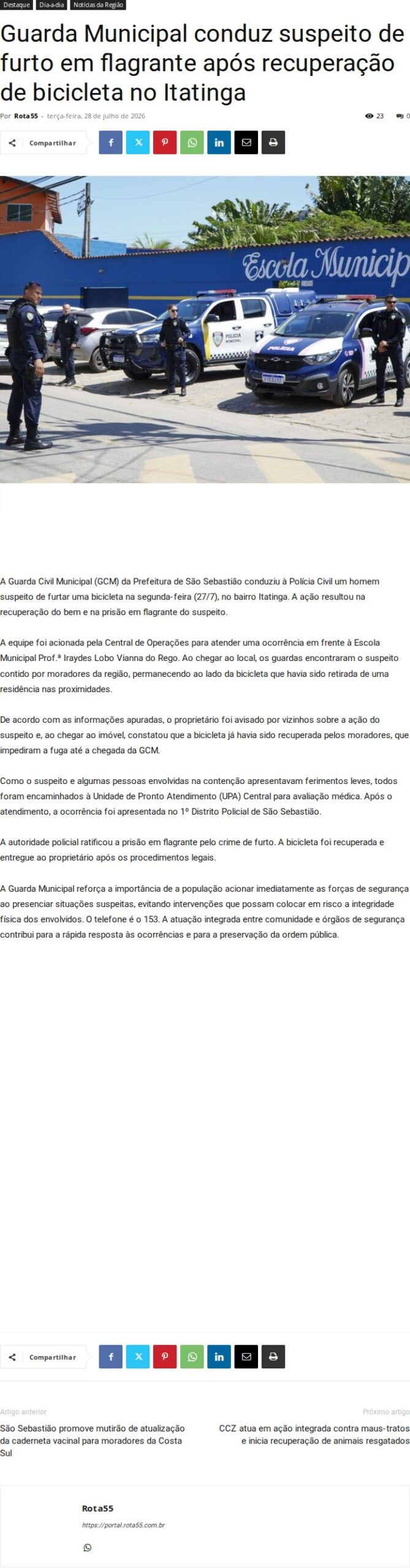Guarda Municipal prende suspeito de furto em Itatinga