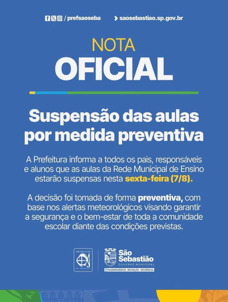 🚨 São Sebastião também suspende aulas nesta sexta-feira…